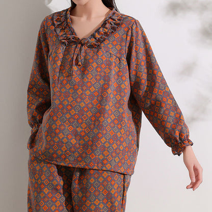 Ownkoti Loungewear-Set aus Baumwolle mit geometrischem Jacquard-Muster und Rüschen - image 2
