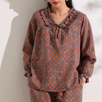 Ownkoti Loungewear-Set aus Baumwolle mit geometrischem Jacquard-Muster und Rüschen - image 3