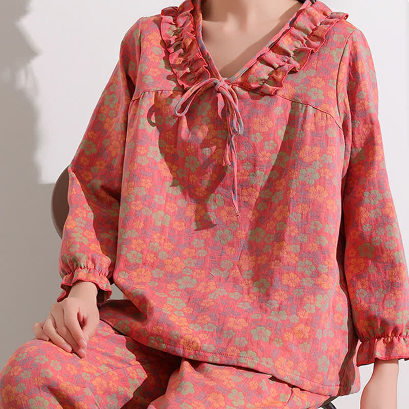 Ownkoti Loungewear aus rosafarbenem Baumwoll-Jacquard-Muster mit Rüschen und Blumenmuster - image 2