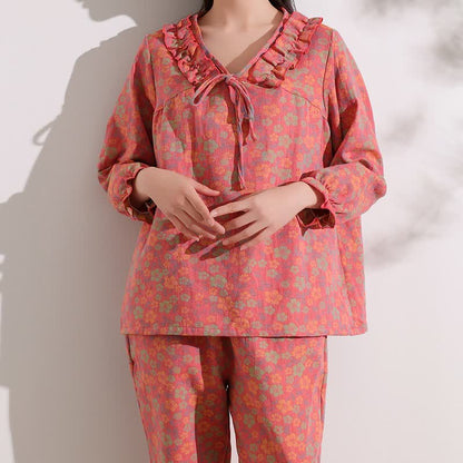 Ownkoti Loungewear aus rosafarbenem Baumwoll-Jacquard-Muster mit Rüschen und Blumenmuster - image 1
