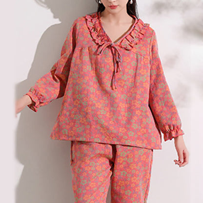 Ownkoti Loungewear aus rosafarbenem Baumwoll-Jacquard-Muster mit Rüschen und Blumenmuster - 4XL - image 0