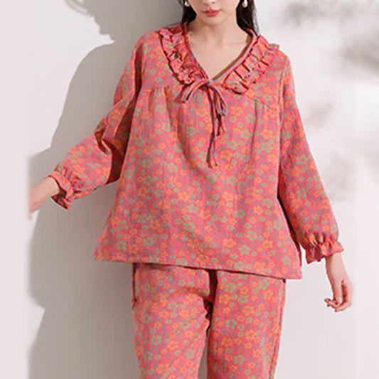 Ownkoti Loungewear aus rosafarbenem Baumwoll-Jacquard-Muster mit Rüschen und Blumenmuster - 4XL - image 0