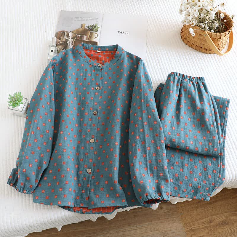 Loungewear aus kariertem Baumwollgaze mit langen Ärmeln - Blau - 2XL - image 2