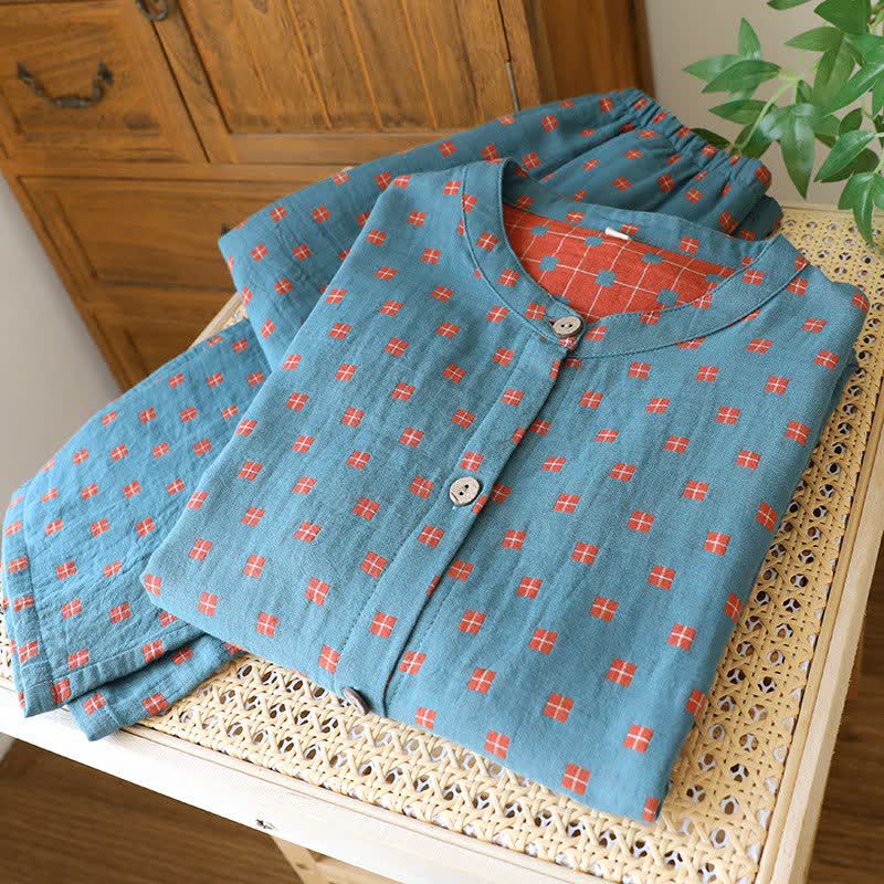 Loungewear aus kariertem Baumwollgaze mit langen Ärmeln - image 3