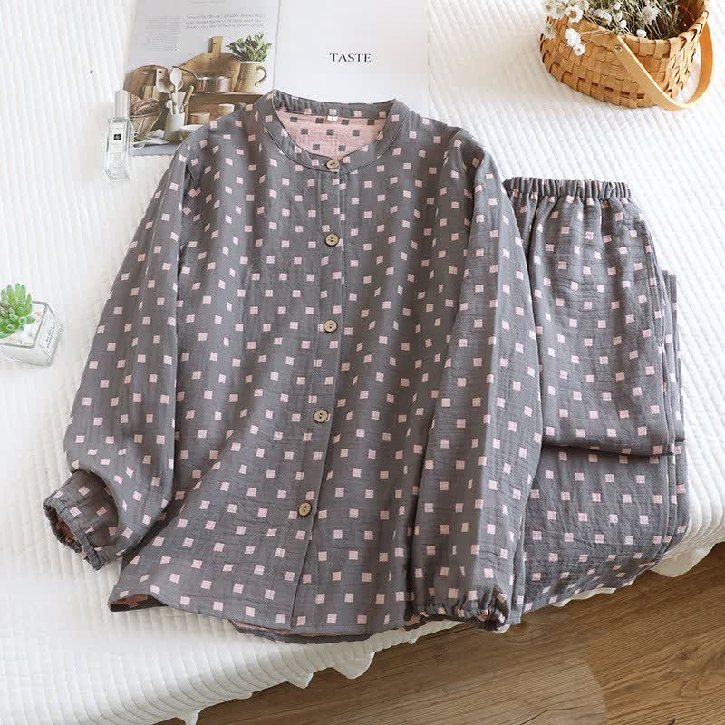 Loungewear aus kariertem Baumwollgaze mit langen Ärmeln - Grau - 2XL - image 4