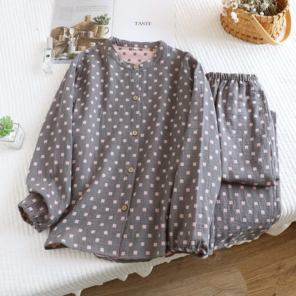 Loungewear aus kariertem Baumwollgaze mit langen Ärmeln - Grau - 2XL - image 4