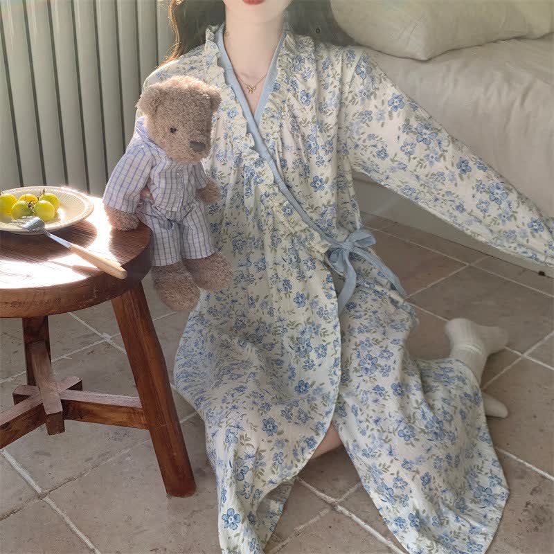 Ownkoti Blaues Nachthemd mit Blumenmuster, langen Ärmeln und Rüschen - image 2