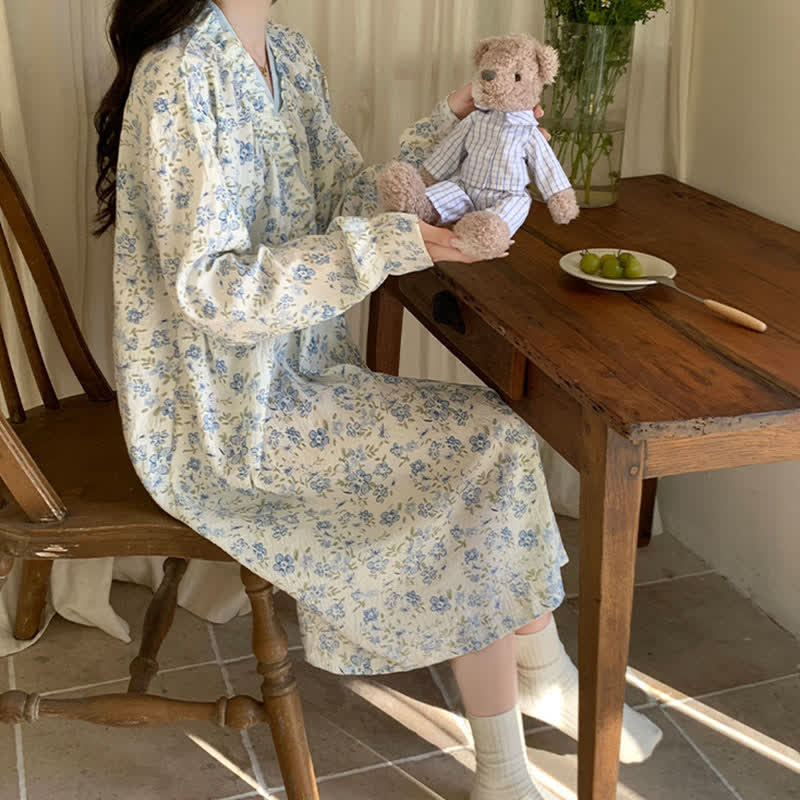 Ownkoti Blaues Nachthemd mit Blumenmuster, langen Ärmeln und Rüschen - image 5