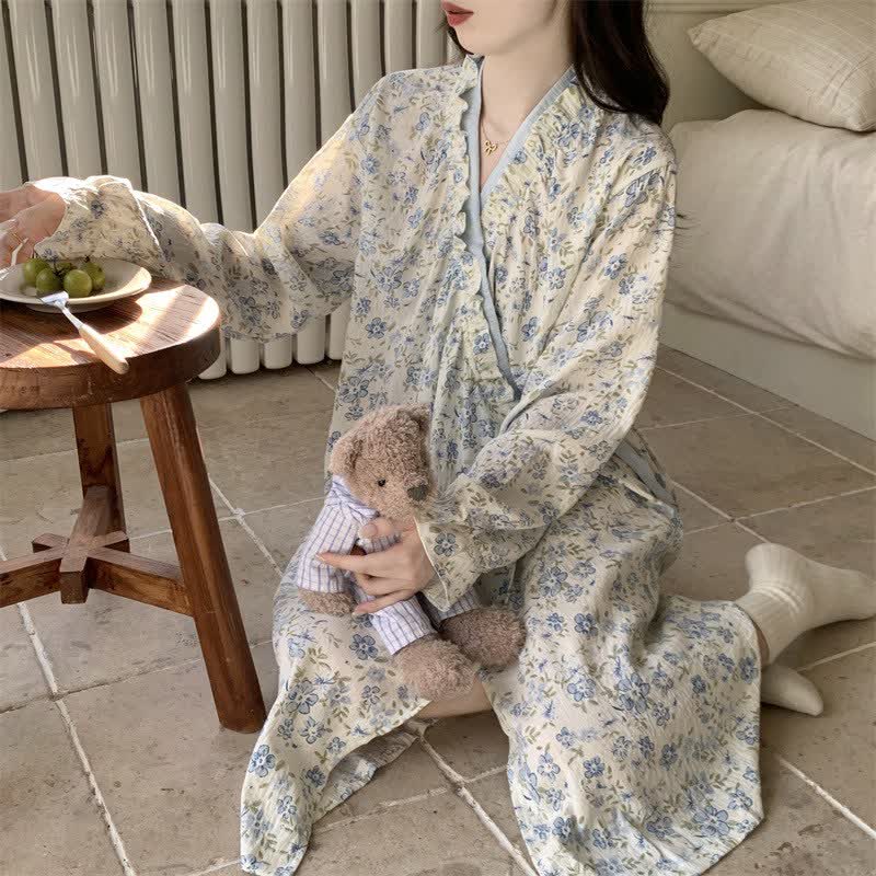 Ownkoti Blaues Nachthemd mit Blumenmuster, langen Ärmeln und Rüschen - image 3