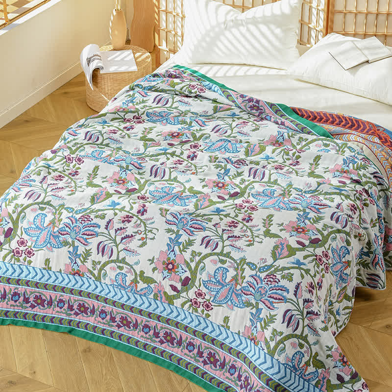 Ownkoti Steppdecke aus reiner Baumwollgaze mit Blumenmuster - Beige - 230cm x 250cm - image 1