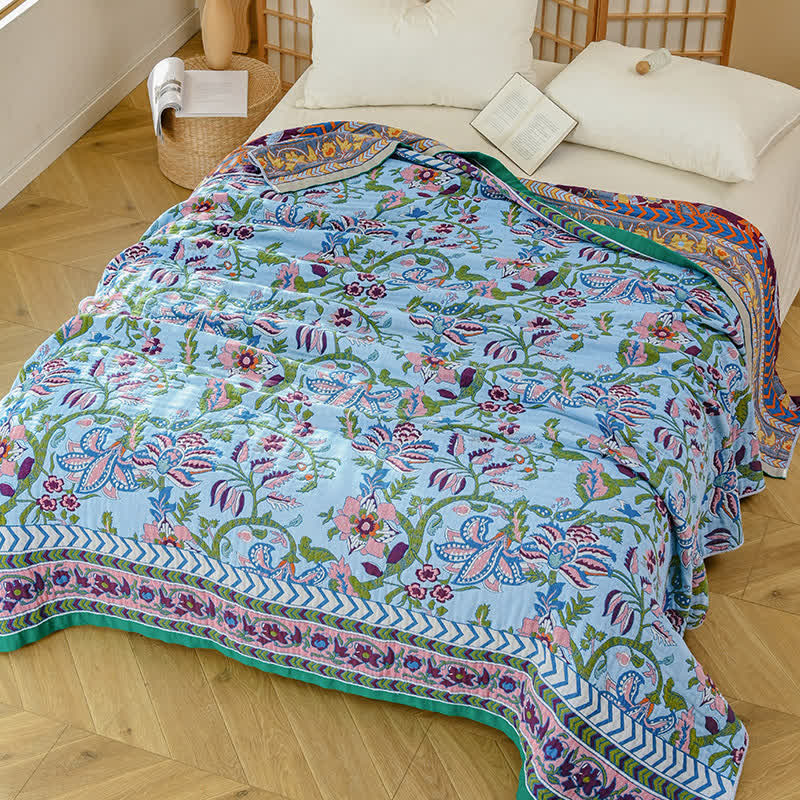 Ownkoti Decke aus reiner Baumwollgaze mit Blumenmuster - Blau - 230cm x 250cm - image 6