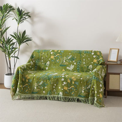 Ownkoti Baumwolldecke mit grünem Blattmuster, Blumenmuster und Quasten - 200cm x 230cm - image 0