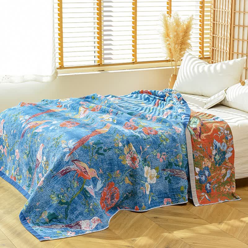 Ownkoti Künstlerische Baumwollgaze-Decke mit Blumen- und Vogelmuster - image 4