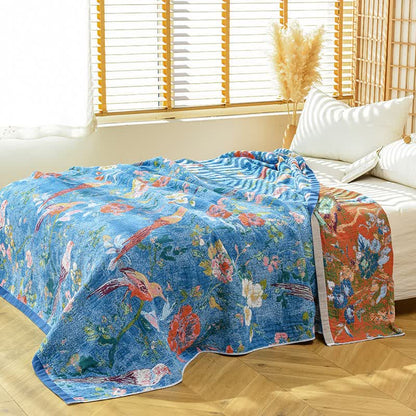 Ownkoti Künstlerische Baumwollgaze-Decke mit Blumen- und Vogelmuster - image 4