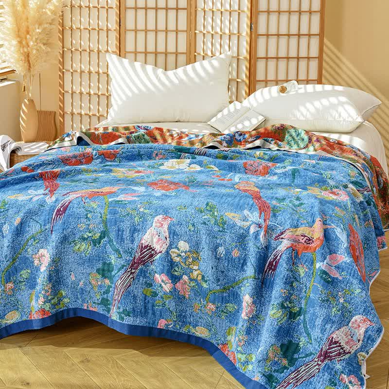 Ownkoti Künstlerische Baumwollgaze-Decke mit Blumen- und Vogelmuster - image 3