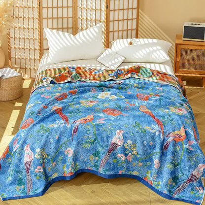 Ownkoti Künstlerische Baumwollgaze-Steppdecke mit Blumen- und Vogelmuster - 230cm x 250cm - image 0