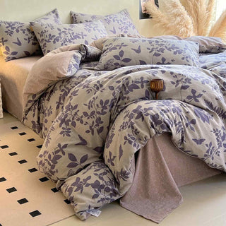 Ownkoti Bettwäsche-Set mit lila Blattmuster (4-teilig) - 220cm x 240cm - image 0