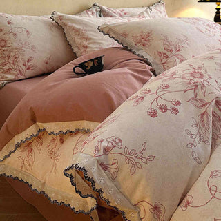 Ownkoti Bettwäsche-Set aus gebürsteter Baumwolle mit floraler Spitze - Rosa - 220cm x 240cm - image 0