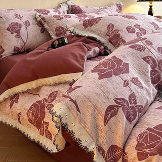 Ownkoti Bettwäsche-Set aus gebürsteter Baumwolle mit Rosenspitze - Rot - 220cm x 240cm - image 0