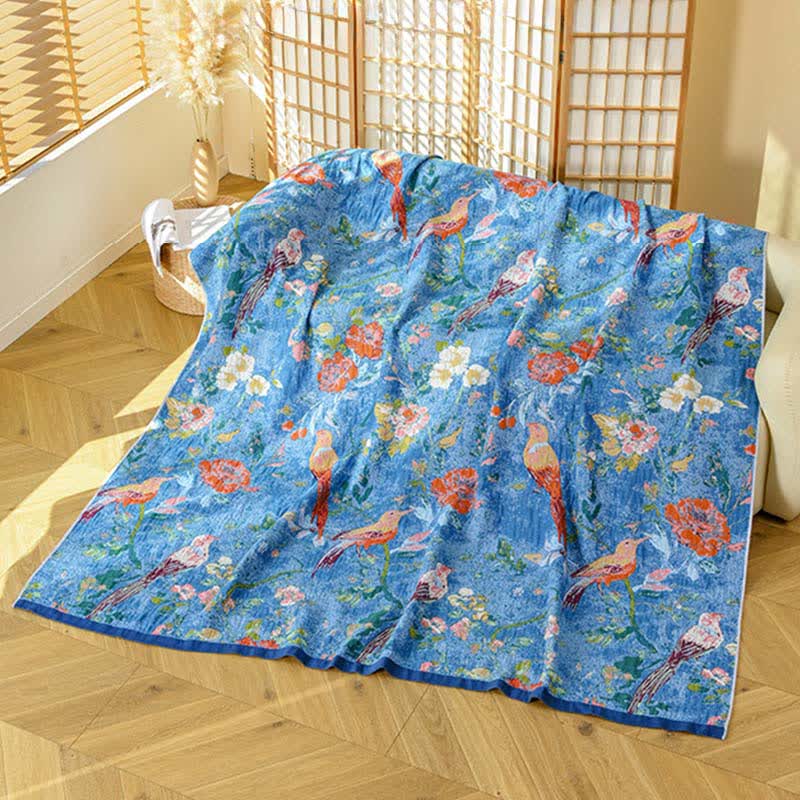 Ownkoti Künstlerische Baumwollgaze-Decke mit Blumen- und Vogelmuster - 230cm x 250cm - image 0