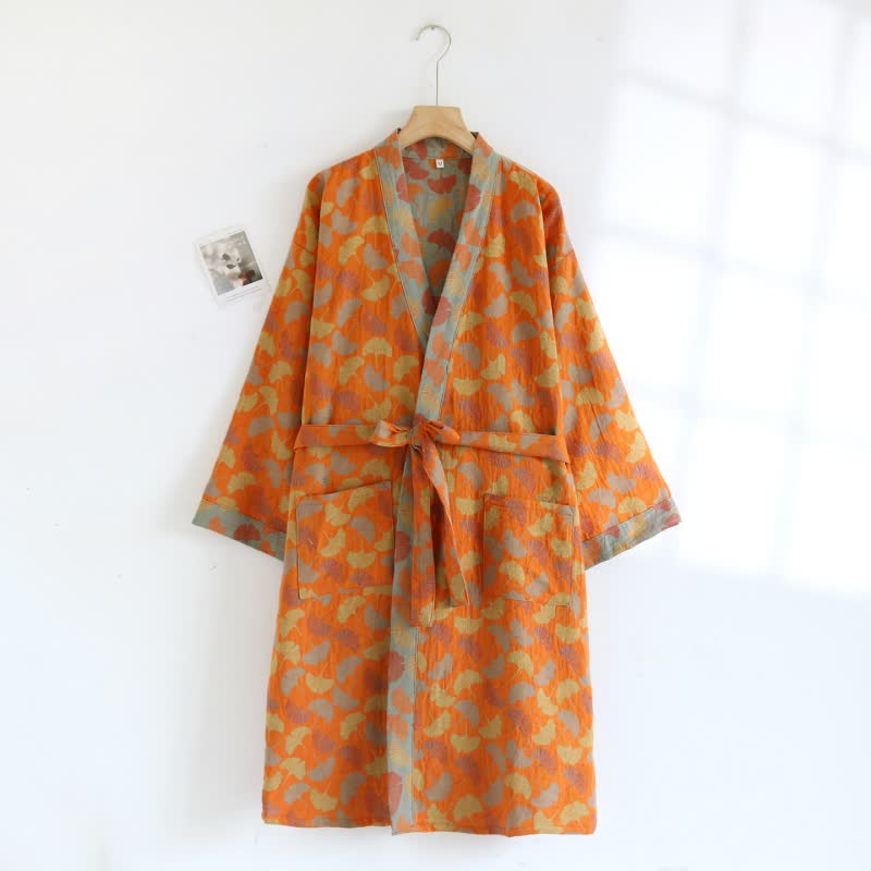 Ownkoti Kimono-Bademantel aus Baumwolle mit orangefarbenem Ginkgoblatt - image 2