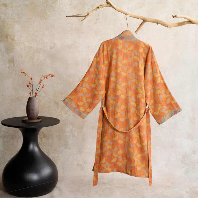 Ownkoti Kimono-Bademantel aus Baumwolle mit orangefarbenem Ginkgoblatt - image 1