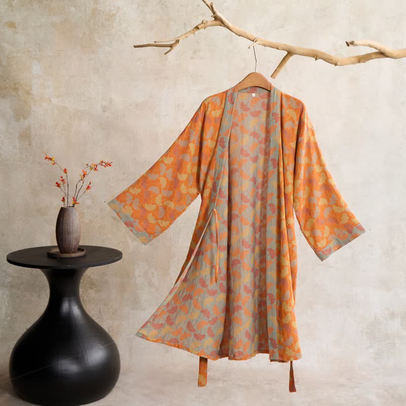 Ownkoti Kimono-Bademantel aus Baumwolle mit orangefarbenem Ginkgoblatt - Orange - L - image 0