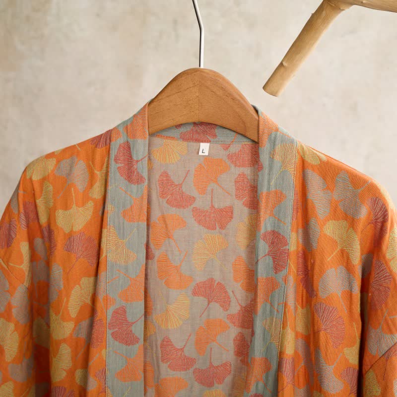Ownkoti Kimono-Bademantel aus Baumwolle mit orangefarbenem Ginkgoblatt - image 3