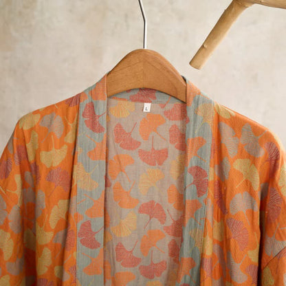 Ownkoti Kimono-Bademantel aus Baumwolle mit orangefarbenem Ginkgoblatt - image 3