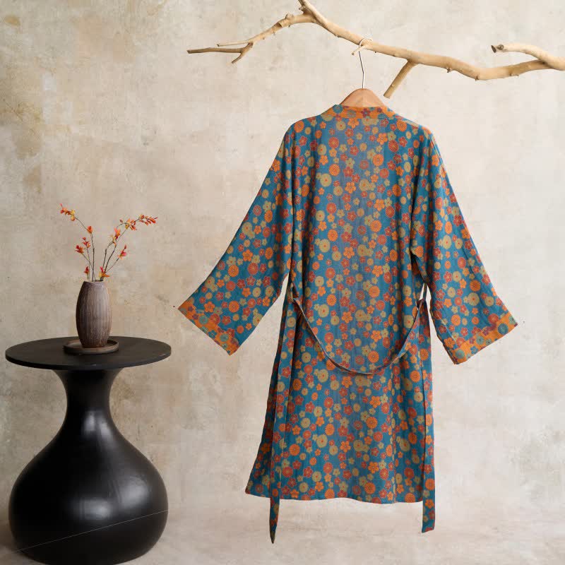 Ownkoti Vintage Kimono-Bademantel aus Baumwolle mit floralem Jacquardmuster - image 1