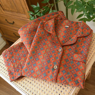 Ownkoti Loungewear aus Baumwollgaze mit Retro-Geometrie-Muster - Orange - XXL - image 0