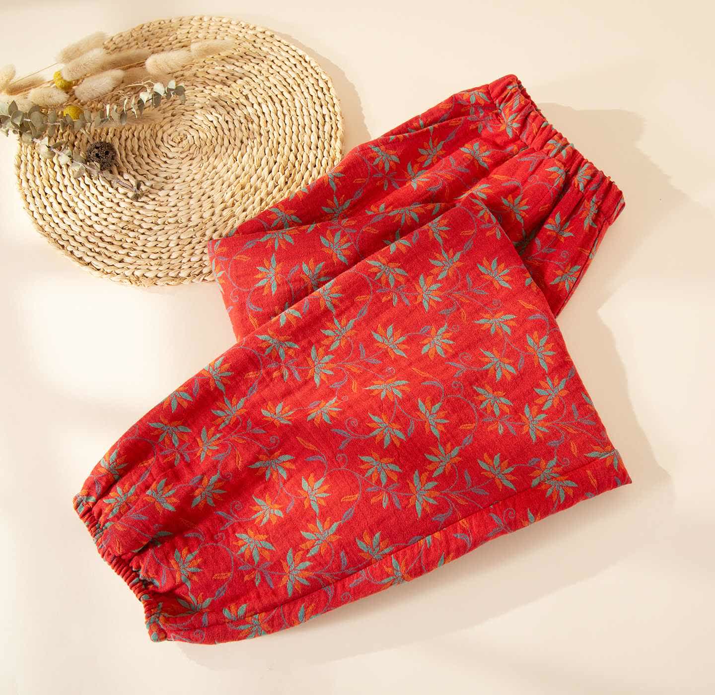 Pyjamahose aus Baumwollgaze mit Blattmotiv - Rot - XL - image 0