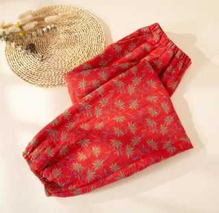 Pyjamahose aus Baumwollgaze mit Blattmotiv - Rot - XL - image 0