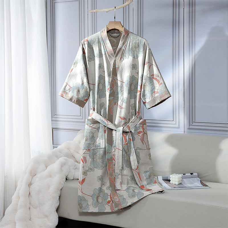 Unisex-Bademantel aus Baumwollgaze mit blauem Pfingstrosenmuster - XL - image 0