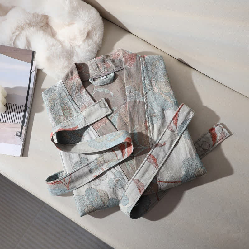 Unisex-Bademantel aus Baumwollgaze mit blauem Pfingstrosenmuster - image 2