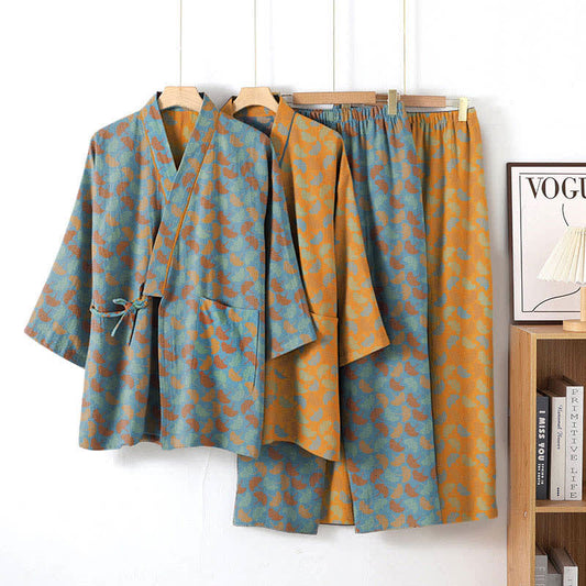 Ginkgoblatt-Kimono-Loungewear-Set aus Baumwolle - image 0