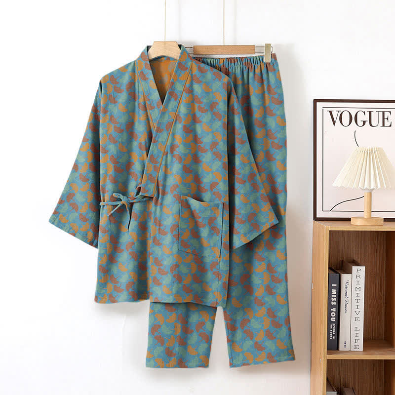 Ginkgoblatt-Kimono-Loungewear-Set aus Baumwolle - Blau - XL - image 1