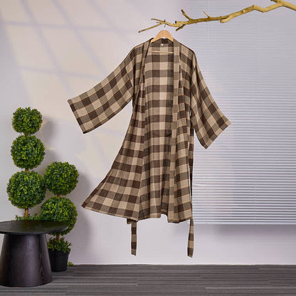 Klassischer karierter Kimono-Bademantel aus Baumwollgaze - Kaffee - XXL - image 6