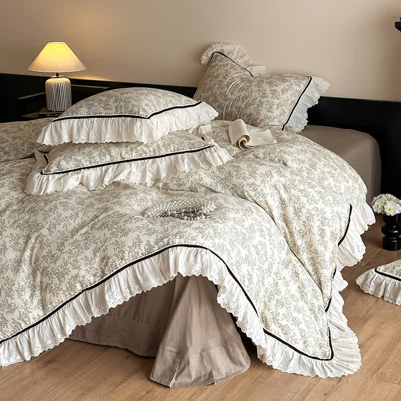 Ownkoti Elegantes Bettwäsche-Set aus Baumwollgaze und Spitze mit Blumenmuster - A - 220cm x 240cm - image 0
