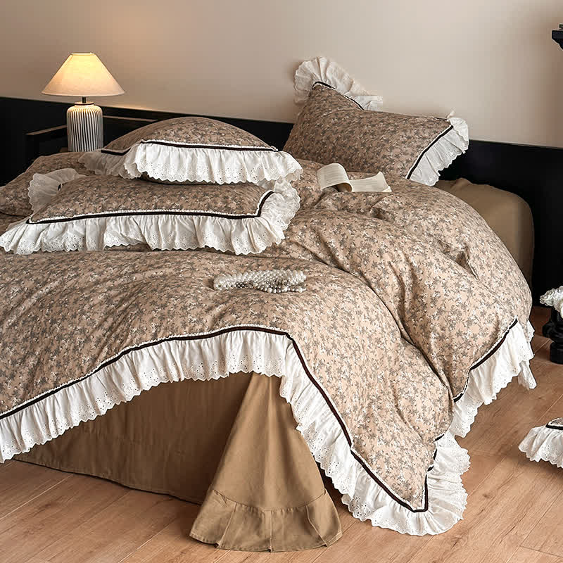 Ownkoti Elegantes Bettwäsche-Set aus Baumwollgaze und Spitze mit Blumenmuster - C - 220cm x 240cm - image 2