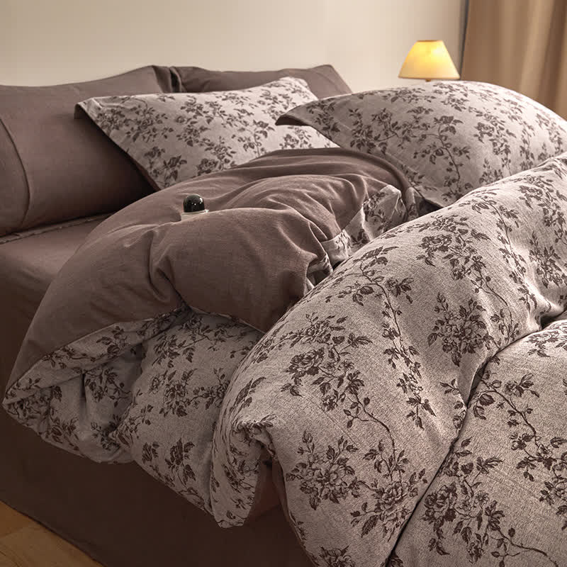 Ownkoti Elegantes Bettwäsche-Set aus Baumwollgaze mit Blumenmuster - Dunkler Kaffee - 220cm x 240cm - image 0