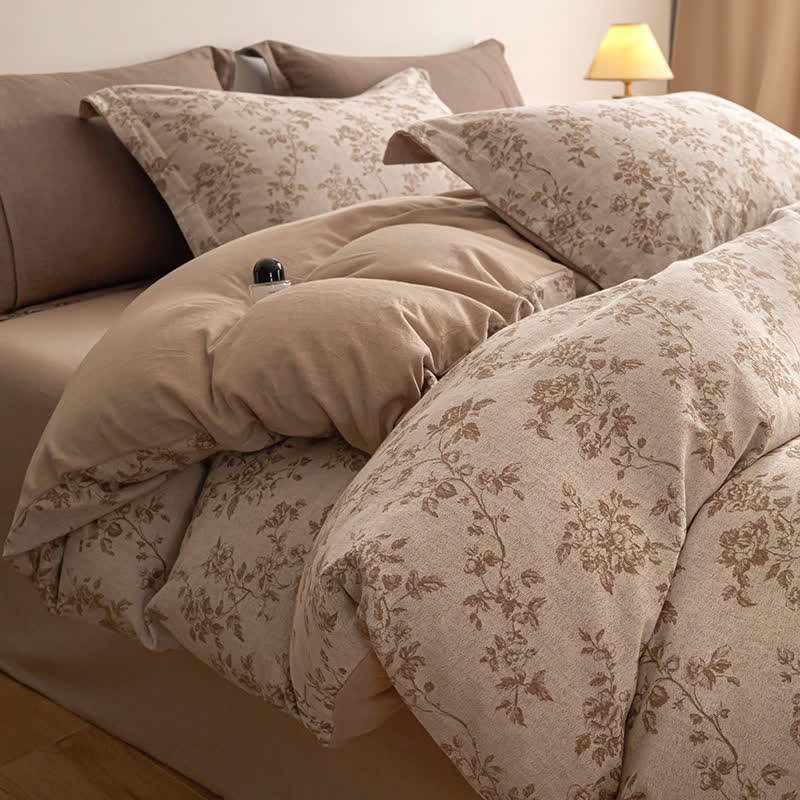 Ownkoti Elegantes Bettwäsche-Set aus Baumwollgaze mit Blumenmuster - Kaffee - 220cm x 240cm - image 4