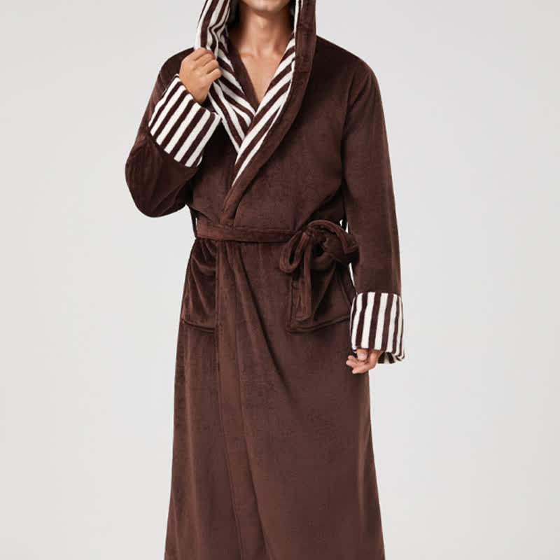 Unisex-Bademantel mit Streifen, Kragen und Kapuze aus Plüsch - image 5