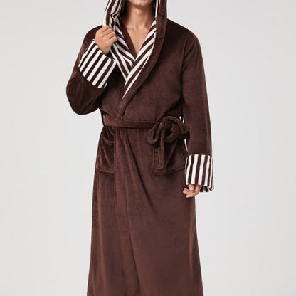 Unisex-Bademantel mit Streifen, Kragen und Kapuze aus Plüsch - image 5