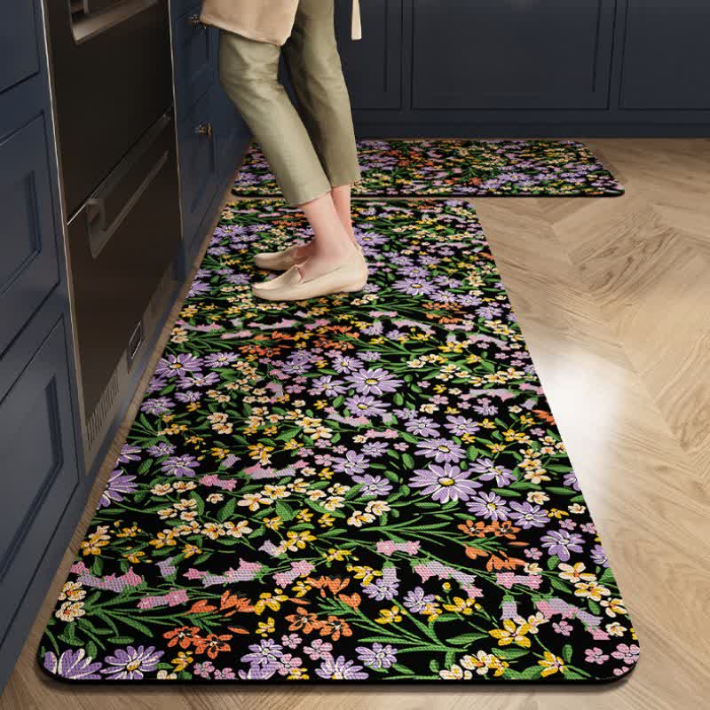 Rustikaler, saugfähiger Küchenteppich „Gänseblümchen“ - Schwarz & Lila - 60cm x 90cm+ 60cm x 200cm - image 3
