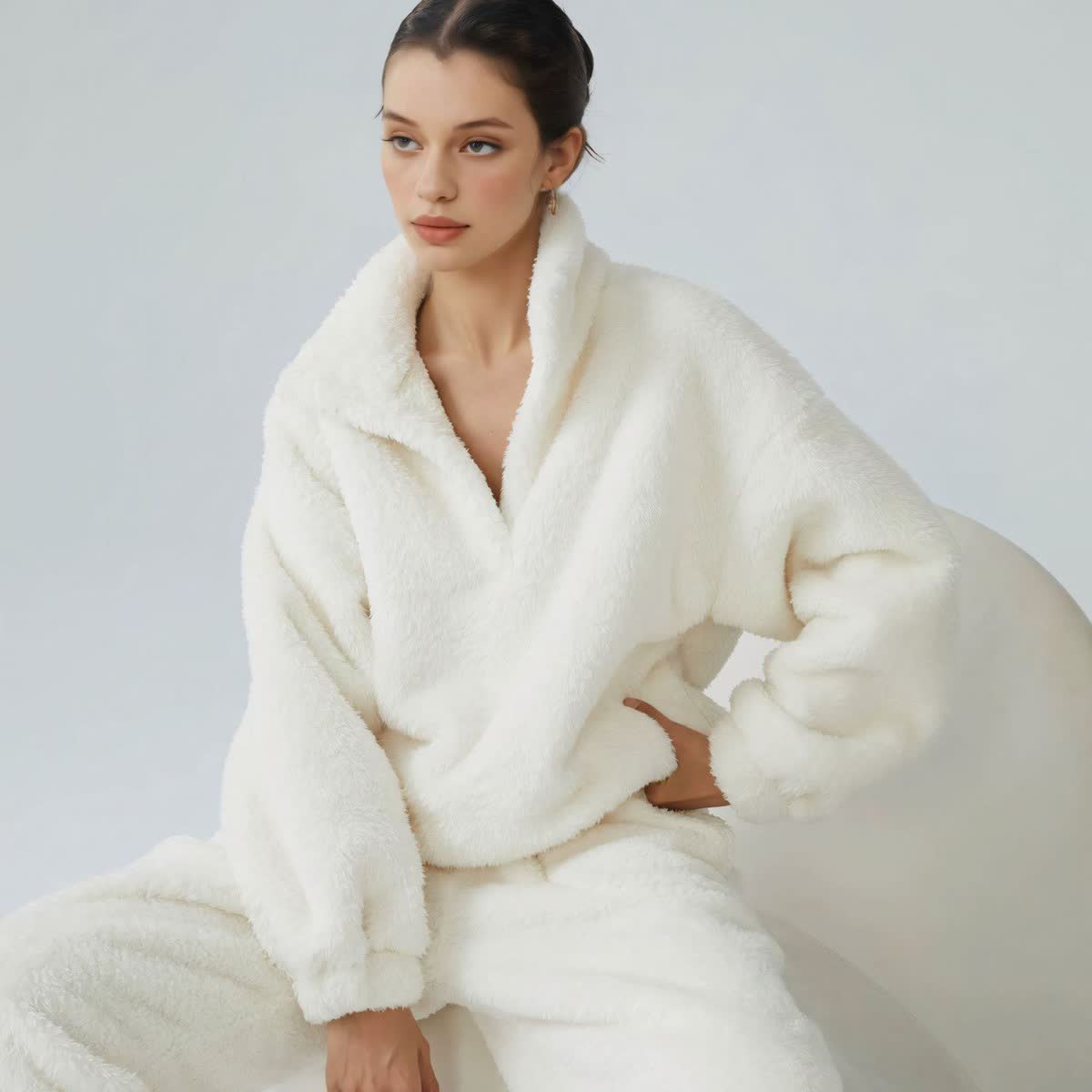Einfarbiges Plüsch-Loungewear-Set - Weiß - XL - image 0