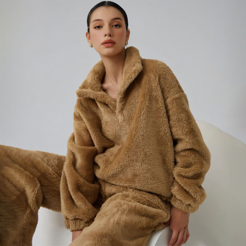 Einfarbiges Plüsch-Loungewear-Set - Dunkelbraun - XL - image 3