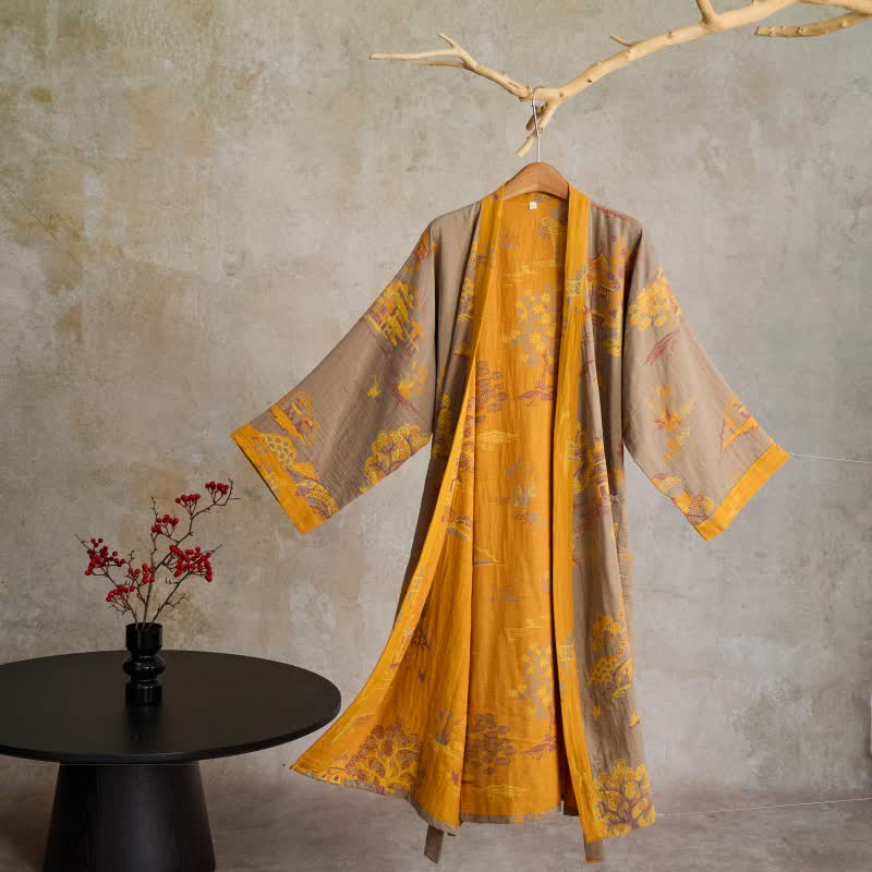 Kimono-Robe aus Baumwollgaze mit Landschaftsjacquardmuster - Gelb - XL - image 0