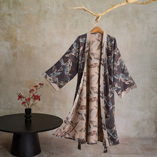 Kimono-Bademantel aus Baumwollgaze mit Blattjacquardmuster - Schwarz - XL - image 0
