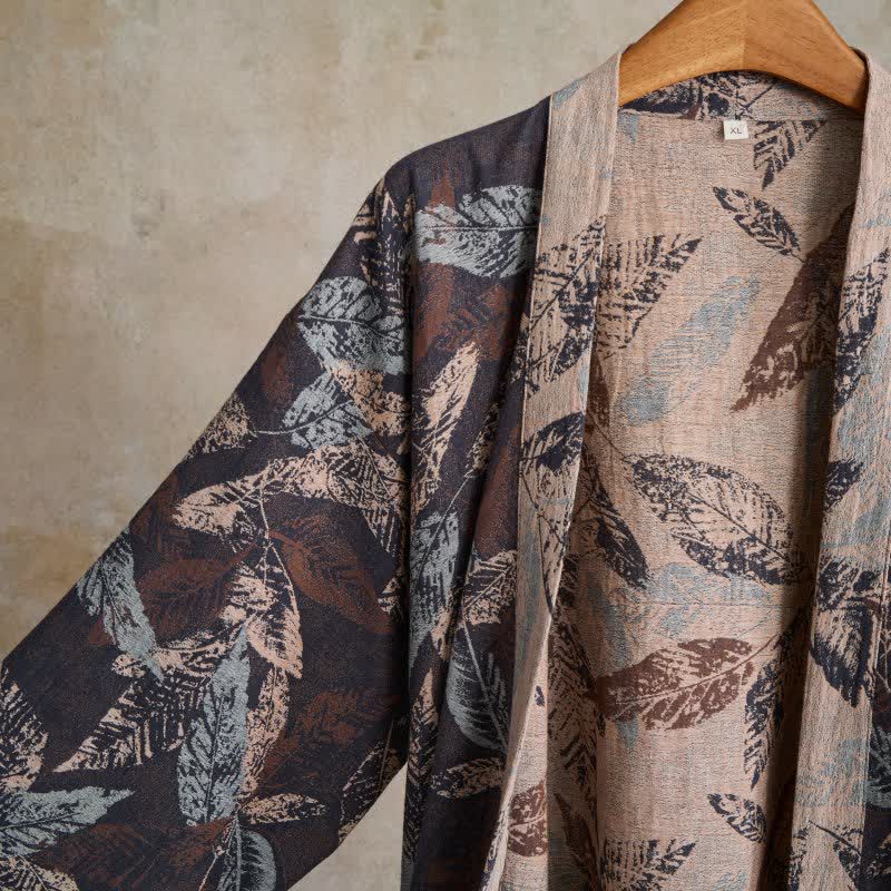 Kimono-Bademantel aus Baumwollgaze mit Blattjacquardmuster - image 3